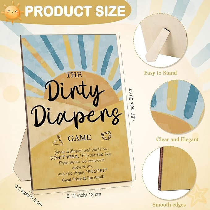 Roowest 51 Pcs Dirty Diaper Baby Shower Games Funny Wooden Sign with 50 Pcs Mini Diapers Cute Felt for Gender Reveal Party Baby Shower (Sun)