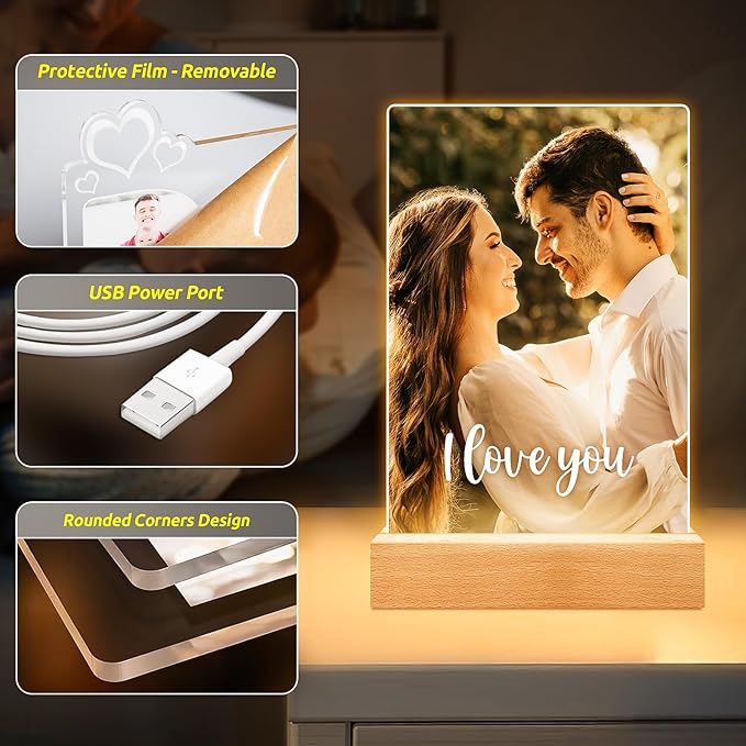 Custom Picture Frames with Photo, Personalized Photo Frame with Night Light, Customized Picture Frame, Personalized Anniversary Birthday Gifts for Women Men Girlfriend Boyfriend Her Him