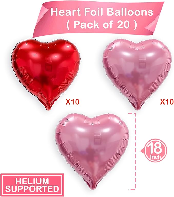 Pink Red Heart Balloons, 20 Pcs 18 Inch Heart Shaped Foil Balloons Galentines Balloons for Girls Birthday Wedding Anniversary Engagement Party Valentines Day Decorations