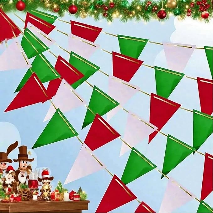 Red White and Green Pennant Banner Christmas Paper Triangle Flag Hanging Decoration for Wedding Birthday Baby Shower Family Party（36pcs Triangle Flag）