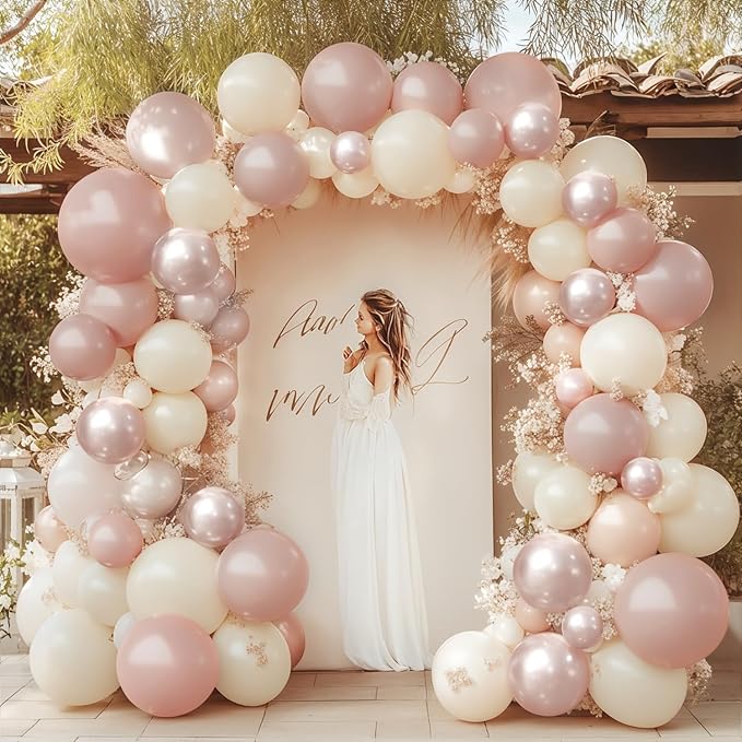 Boho Dusty Pink Balloons Garland Arch Kit, Double Stuffed White Pearl Balloon Blush Neutral Pink Latex Balloons for Birthday Bridal Shower Party Decorations