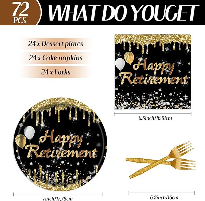 72Pcs Happy Retirement Party Decorations - Retirement Party Supplies Plates and Napkins Sets with Forks, Disposable Black Gold Tableware Set