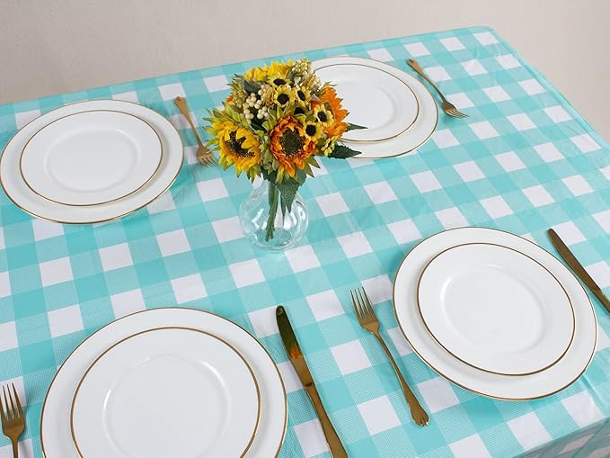 Kesfey 3 Packs Aqua and White Gingham Table Cloths 54 x 108 Inches Disposable Plastic Checkered Tablecovers Waterproof Rectangle Picnic Party Table Covers for Birthday Party Supplies Christmas