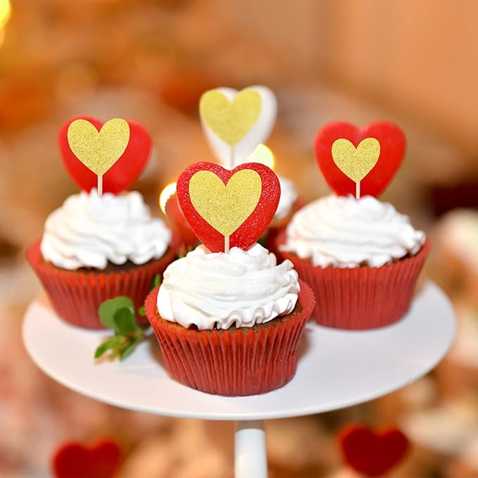 30 PCS Heart Cupcake Toppers Glitter Sweet Love Theme Cupcake Picks Wedding Engagement Bridal Shower Birthday Valentine's Day Party Cake Decorations Supplies Mixed Size Gold