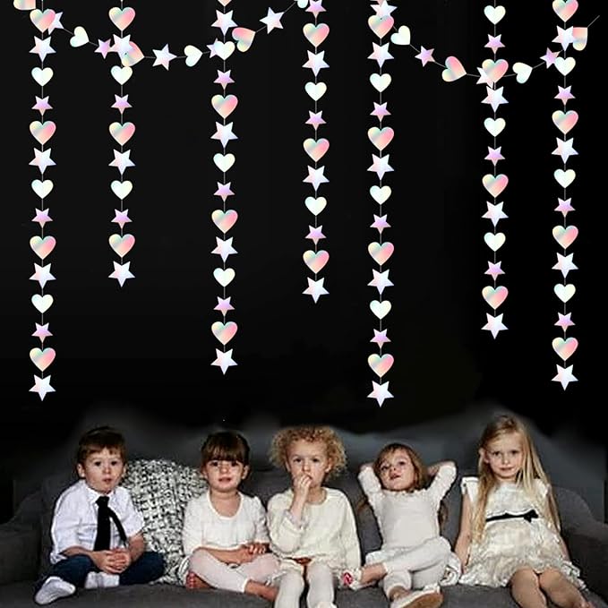 Iridescent Disco-Holographic Party-Decorations Star Heart-Garland - 52Ft Valentines Day Neon Wedding Hanging Paper Streamers Banner,Birthday Bachelorette Baby Bridal Shower Engagement Decor Ouruola