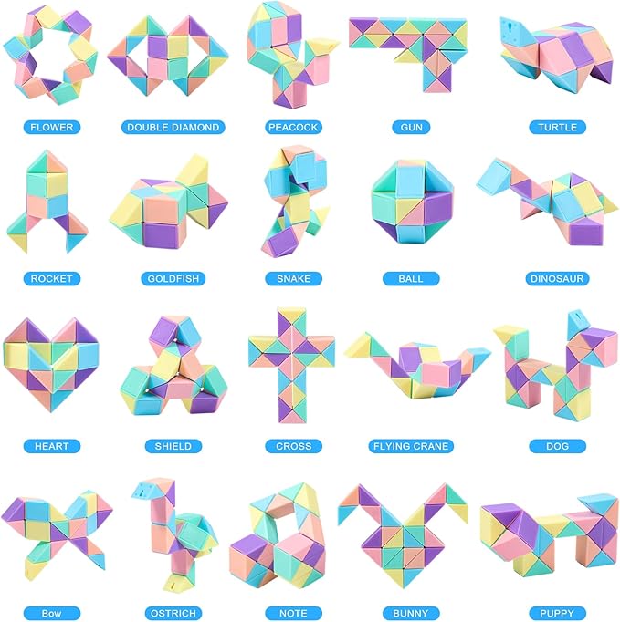 12 Pack Magic Snake Cube Fidget Toys for Kids - 24 Blocks MacaronTwist Puzzle, Party Favors, Classroom Prizes, Birthday Goodie Bag Fillers, Stress Relief Sensory Toys