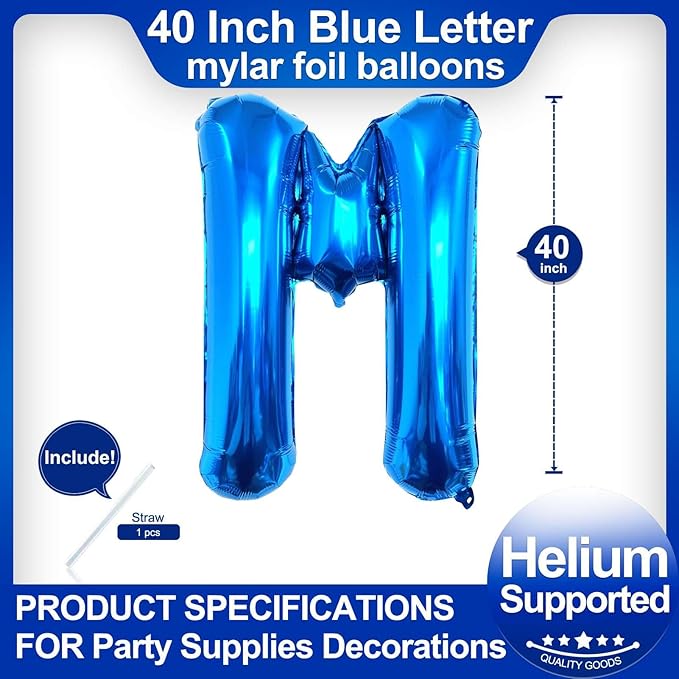 40 Inch Blue Letter M Balloons, DIY Phrase Foil Alphabet Letter M Balloons DIY Word M Banner for Birthday Anniversary Celebration Graduation Party Supplies Decoration