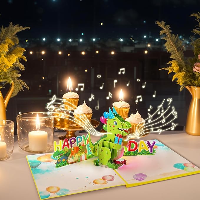 Musical Dinosaur Birthday Card, Light & Music Birthday Cards, Music Pop Up Birthday Card, Happy Anniversary Card, for All Occasion with Envelope.