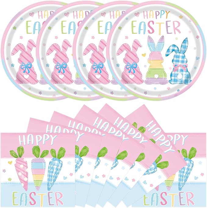40Pcs Easter Paper Plates and Napkins Party Supplies, Disposable Bunny Plates Carrot Napkins Dinnerware Set for for Spring Easter Holiday Birthday Decorations