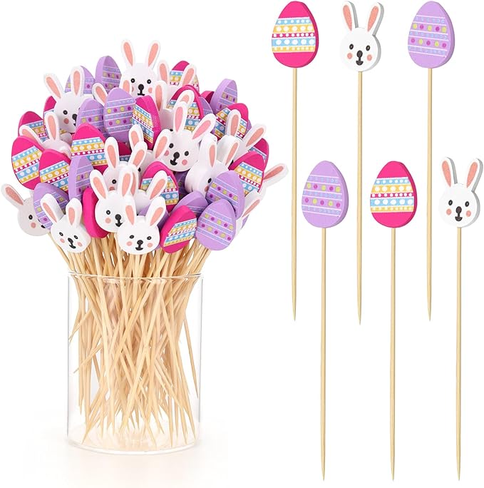 100 Pcs Easter Toothpicks, 4.72 Inch Easter Cocktail Picks for Appetizers, Long Bamboo Toothpicks, Decorative Toothpicks Skewers for Holiday Birthday Party Decorations (Easter Rabbit and Egg)