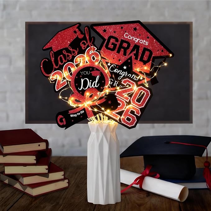 Graduation Decorations Class of 2026-30pcs Red and Black Graduation Table Centerpieces Sticks Table Toppers with Lights for College High School Congrats Grad Party Supplies