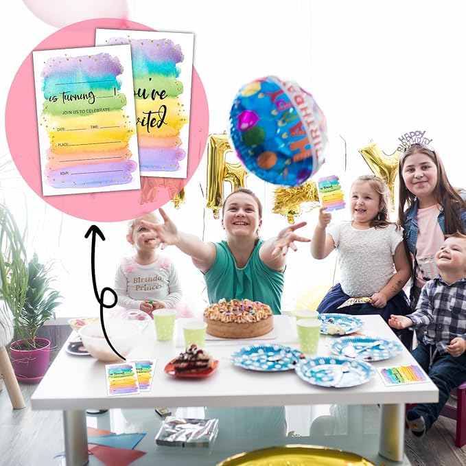 Colorful Birthday Party Invitation Cards for Women Men Kids, Watercolor Rainbow Glitter Birthday Celebration Party Invite Cards Supplies, 20 Double-Sided Fill In Invites With Envelopes -10