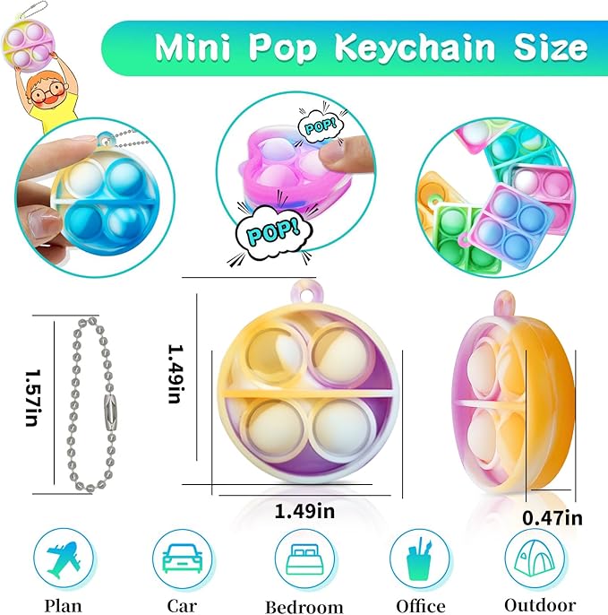 Pop Fidget Keychain 90 Pack ,Mini Fidget Toys Bulk ,Sensory Toys for Kids ,Party Favors for Kids 4-8,8-12 Year ,Back to School Gifts for Classroom ,Easter Goodie Bags Stuffers