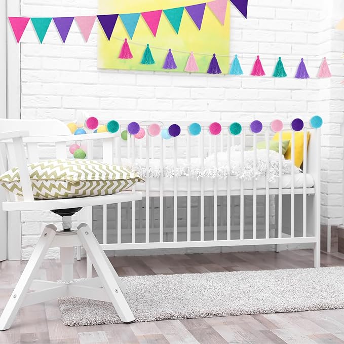Irenare 9.8ft Pom Pom Garland Felt Rainbow Garland Graduation Party Decoration Colorful Pennant Tassel Banner Birthday Baby Shower Triangle Banner for Classroom School Mantel Fireplace(Mermaid Colors)