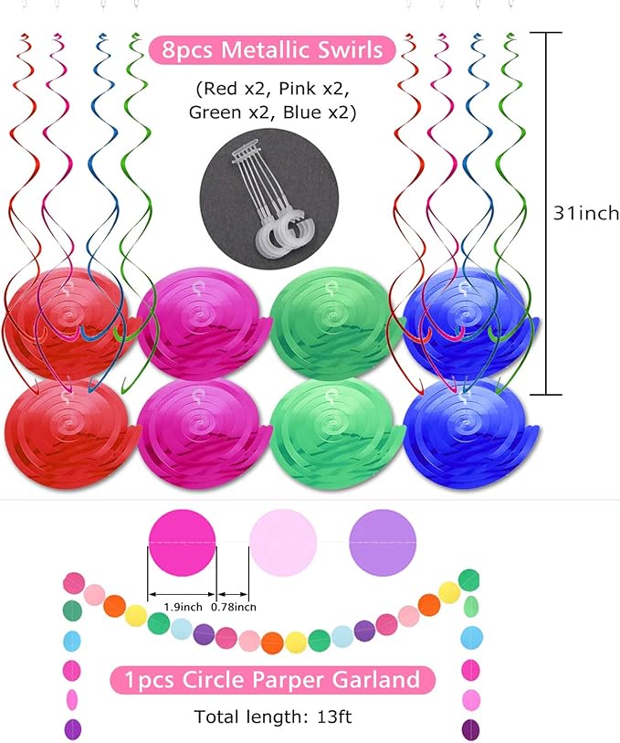 Happy Birthday Banner, Rainbow Birthday Banner, 6 Honeycomb Balls, 8 Metallic Hanging Swirls and Circle Parper Garland, Happy Birthday Decorations