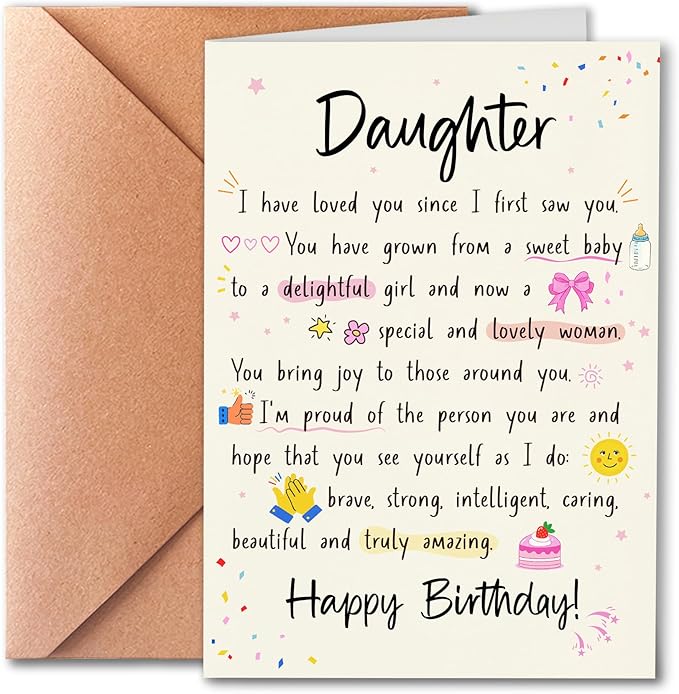 Funny Birthday Cards for Daughter from Mom and Dad, Sweet Poetic Cards from Tsundere Parents, I Love You, From Baby to Girl to Adult Woman (Super Cute Lady), with Envelope