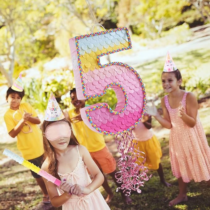 WERNNSAI Pink Sweet Five Piñata - Number 5 Piñata Happy Birthday Decoration Pink Rainbow Design Party Games for Girl Princess Baby Shower Party Favor with Blindfold Anniversary Celebration Supplies