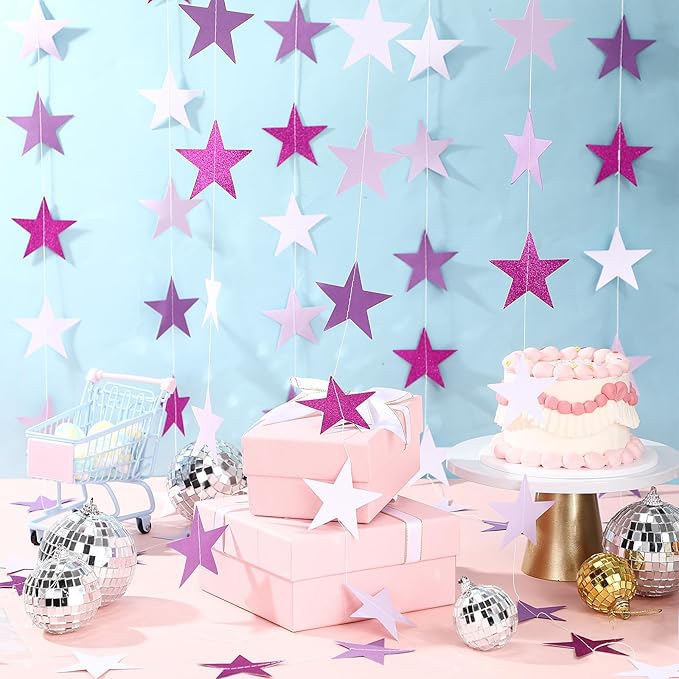 Patelai Glitter Star Garland Banner 2026 Graduation Decor 130 Feet Star Hanging Banner Twinkle Backdrop for Party Birthday Classroom Wedding Supplies(Purple,White)