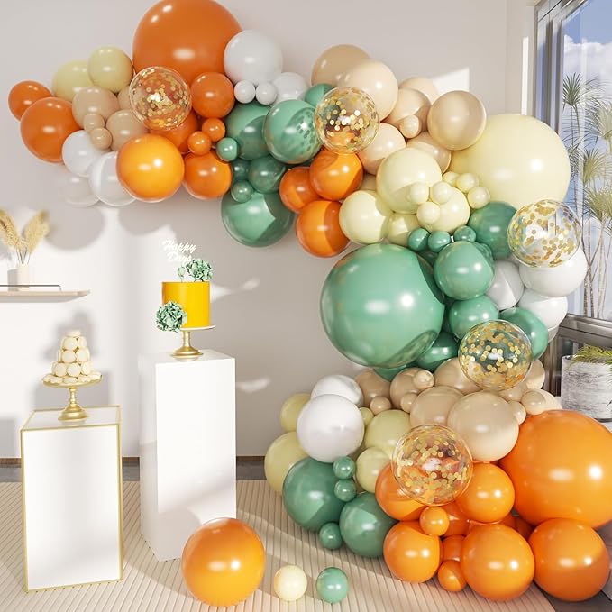Sage Green Orange Balloon Arch Kit, 141Pcs Pea Green Orange Pastel Yellow Sand White and White Latex Balloons for Birthday Wedding Baby Shower Gender Reveal Anniversary