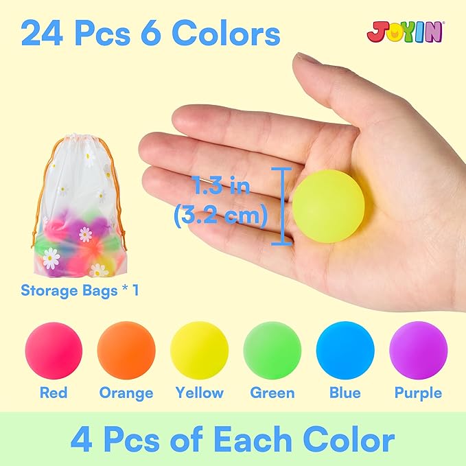 JOYIN 24 PCS Multi Neon Style Bouncy Balls, 6 Colors 32mm Assorted Bouncy Balls Bulk with Storage Bag, Bounce Toys for Kids Party Favors Birthdays Gifts Goodie Bags Stuffers Carnival Prizes
