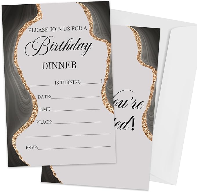 Black and Gold Birthday Party Invitation, Dinner Invitations Card for Girls, Teens, Adults, Birthday Dinner Invitation, 20 Party Invitations with Envelopes