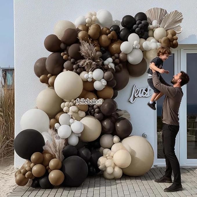 Black Brown Tan Balloon Arch Kit, Double Stuffed Dark Brown Coffee Light Grey White Sand Beige Neutral Balloon Garland for Western Cowboy Baby Shower First Rodeo Birthday Party Decoration