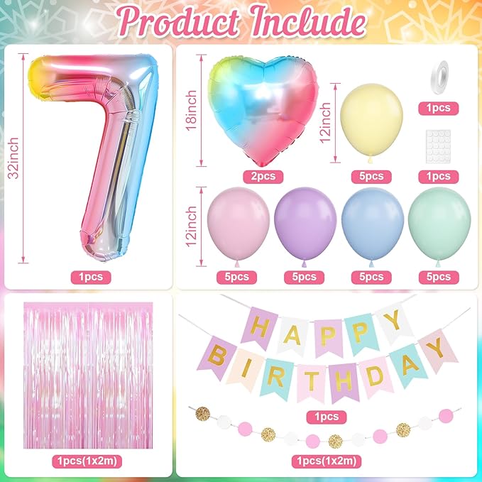 7th Birthday Decorations Rainbow,Gradient Number 7 Balloon,Pastel Happy Birthday Banner Fringe Curtain Heart Foil Balloons Boys Girls 7 Year Old Decor