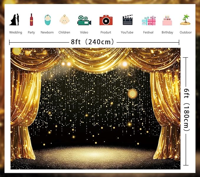 Black Gold Backdrop Black Gold Curtains Glitter Spots Theater Stage Photography Background Adults Kids VIP Carnival Graduation Prom New Year Birthday Party Decorations Banner Photo Props (8x6FT)