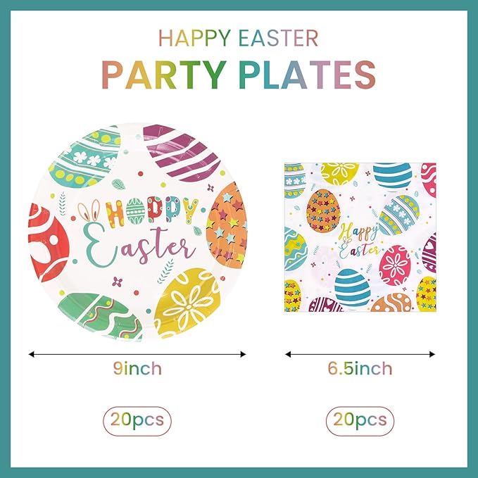 40 Pack Easter Plates and Napkins Party Supplies Set, Easter Egg Disposable Paper Dinner Plates and Napkins for Spring Party Supplies Decorations Serves 20 Guests