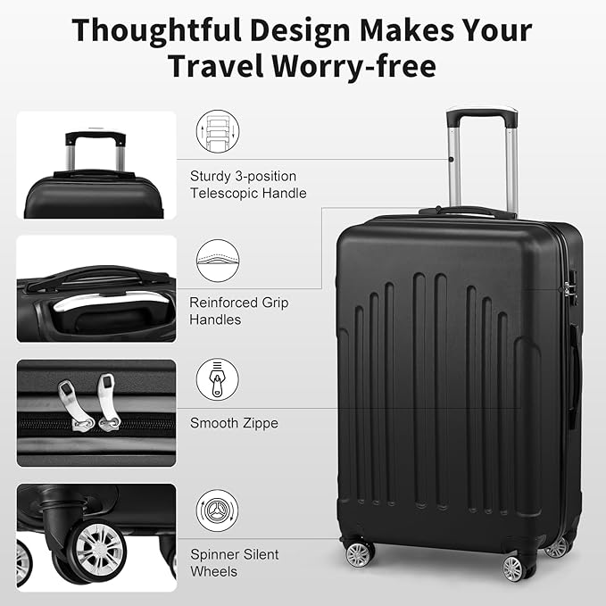 Karl home Luggage Sets 3 Piece, ABS Hardside Suitcase Set with Double Spinner Wheels & TSA Lock for Travel Business, 3-Piece Set (20/24/28), Black