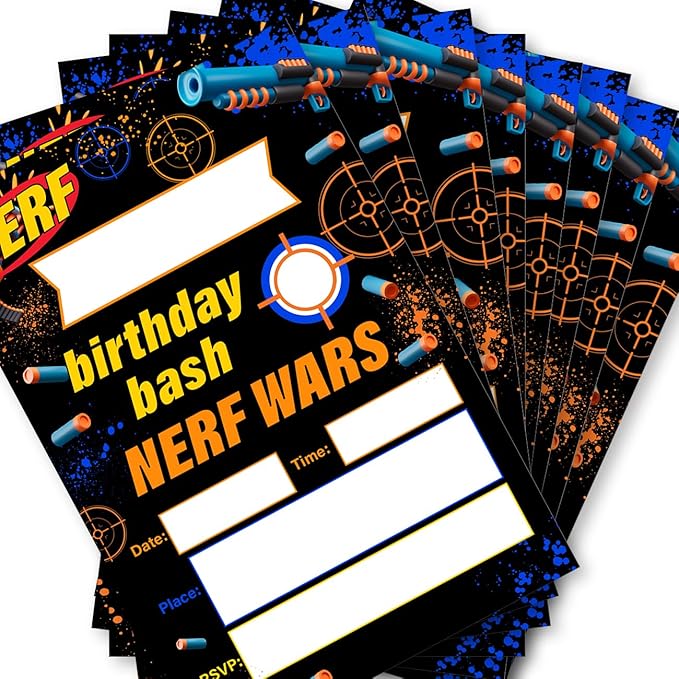 Soiceu Nerf War Birthday Invitations Dart Gun Battle Boys Party Invites with Envelopes Set of 20