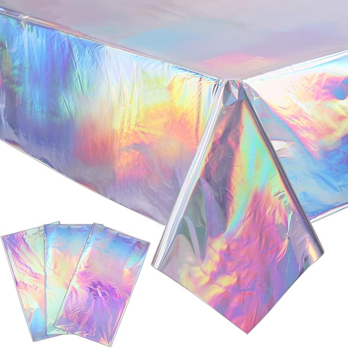 3 Packs Iridescent Plastic Tablecloths 54 x 108 Inch Shiny Disposable Laser Rectangle Table Covers Holographic Foil Table Cloths for Disco Ball Decor Carnivals Parties