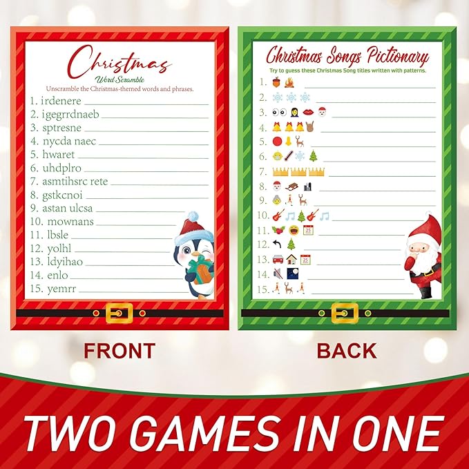 COCHIE 30 Players Christmas Party Games for Adults Family Office Large Groups, Xmas Parties Songs Pictionary Game, Guesstures Game, Word Scramble Games with Answer Key (Santa & Penguin)