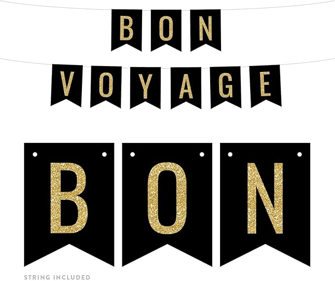Andaz Press Faux Gold Glitter on Black Party Banner Decorations, Bon Voyage, Approx 5-Feet, 1-Set, Going Away Study Abroad Graduation Retirement Colored Hanging Pennant Decor