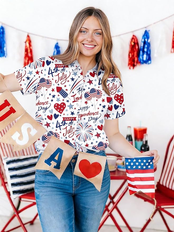 4th of July Shirts Women American Flag Patriotic Shirt Independence Day Short Sleeve Button Down Outfits