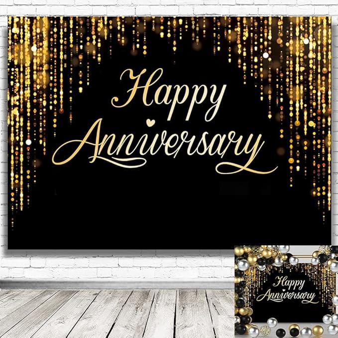 Happy Anniversary Backdrop Party Decorations, Black Gold Glitter Bokeh Dots Wedding Anniversary Party Photo Background Cake Table Banner Extra Large Wall Decor Props 6 * 4ft Valentine's Day