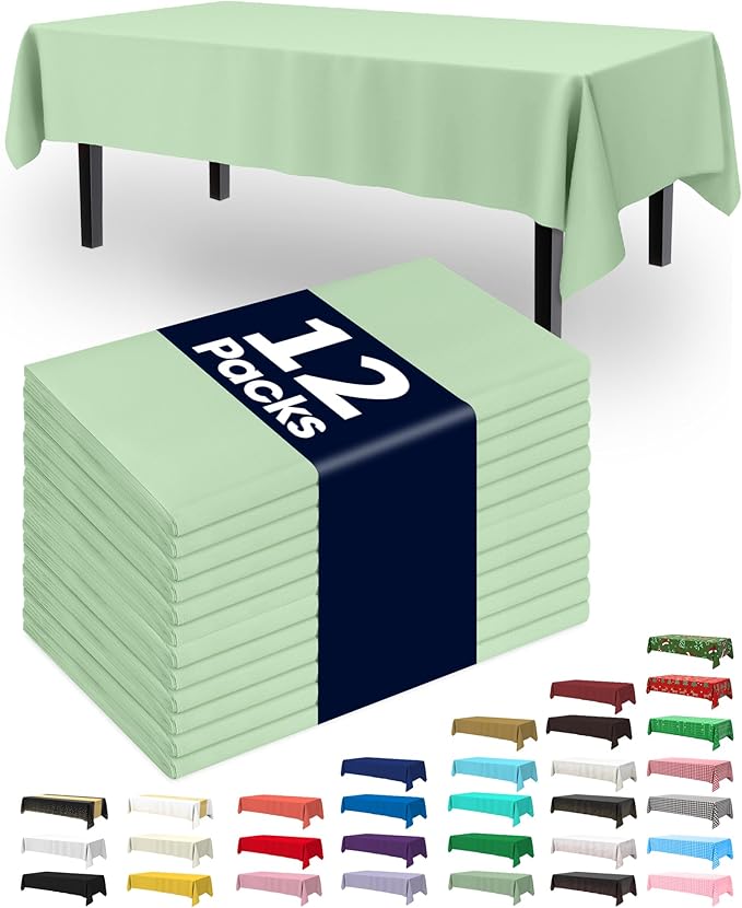 Pureegg Plastic Table Cloth Disposable 12 Pack, 54 x 108 Inch Table Cloths, Easter Party, Decorative Tablecloths, Rectangle, Light, Pastel Plastic Cover, Leakproof & Sturdy, Sage Green