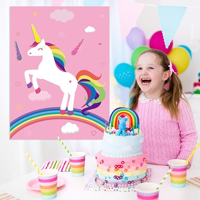 FEPITO Birthday Party Game for Kids Pin The Horn on Unicorn-Game Poster with 24 Horn Stickers Pin The Tail Game for Girl Unicorn-Birthday Rainbow Party Favors Supplies Wall Home Room Decorations