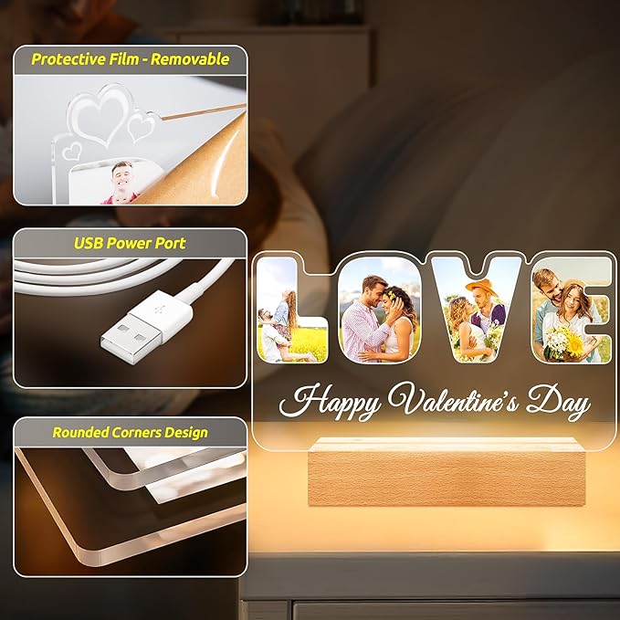 Custom Picture Frames with Photo, Personalized Photo Frame with Night Light, Customized Gifts for Girlfriend Boyfriend, Personalized Anniversary Couples Gifts for Women Men Her Him Mom Dad