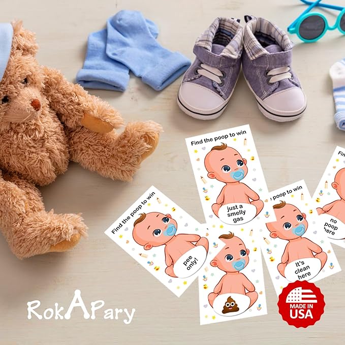 RokAPary Baby Shower Boy Scratch Off Poop Game, Easy to Play Silly Games, Funny Idea, Ice Breaker Activity. Raffle Cards, Blue Pacifier, Set of 40 Cards Made in USA