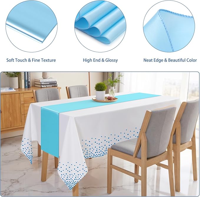 12 Pack Tablecloth and Table Runner Set Party Decorations, White and Blue Plastic Disposable Tablecloth and Satin Table Runner for Wedding Birthday Party (Blue)