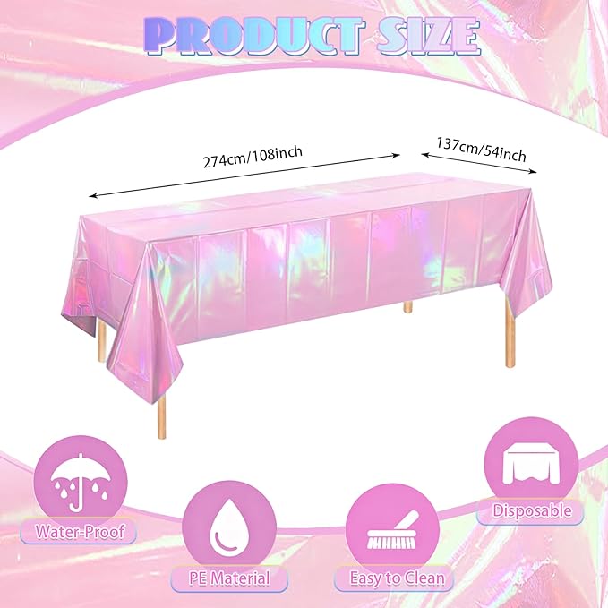 3-Pack Pink Iridescent Tablecloths, Holographic Glittering Foil Disposable Tablecloths, 54 inches x 108 inches, Suitable for Birthday, Wedding, and Holiday Party Decorations
