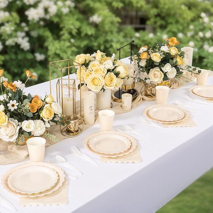 LIYH 350 Pcs Ivory Paper Plates and Napkins 50 Guest Cream Party Supplies Include Ivory Scalloped Disposable Paper Plates Cocktail Napkins Cups Spoons Forks Knives for Baby Shower,Birthday