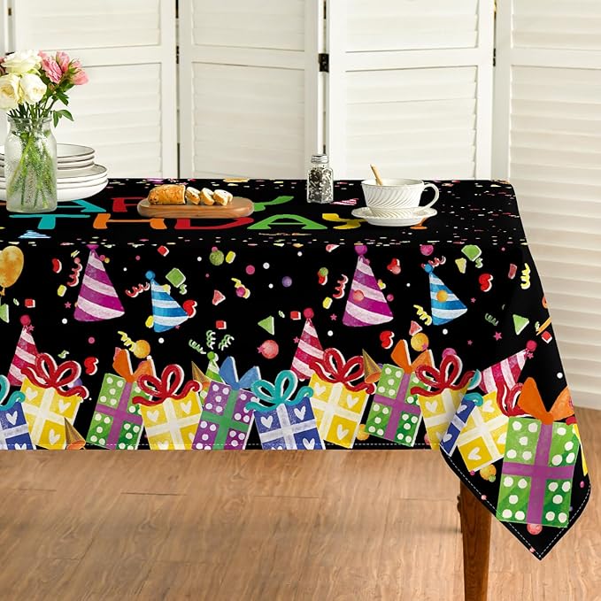 Horaldaily Birthday Tablecloth 60x60 Inch Square, Happy Birthday Ballon Black Washable Seasonal Table Cover for Party Picnic Dinner Decor