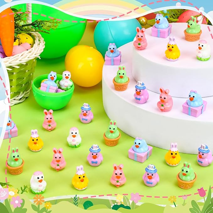 120 Pcs Easter Mini Ducks 6 Styles Miniature Resin Duck Figures to Hide Bulk Bunny Ear Egg Carrot Basket Eggshell Ducks for Easter Party Favors Home Tabletop Fairy Garden Landscape Potted Decor