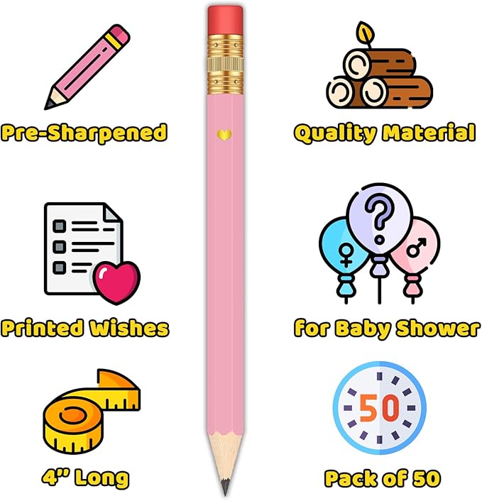 50Pcs - Baby Shower Sharpened Half Pencils with Erasers, Pre-sharpened Pencils for Baby Shower Games, 4 Inches