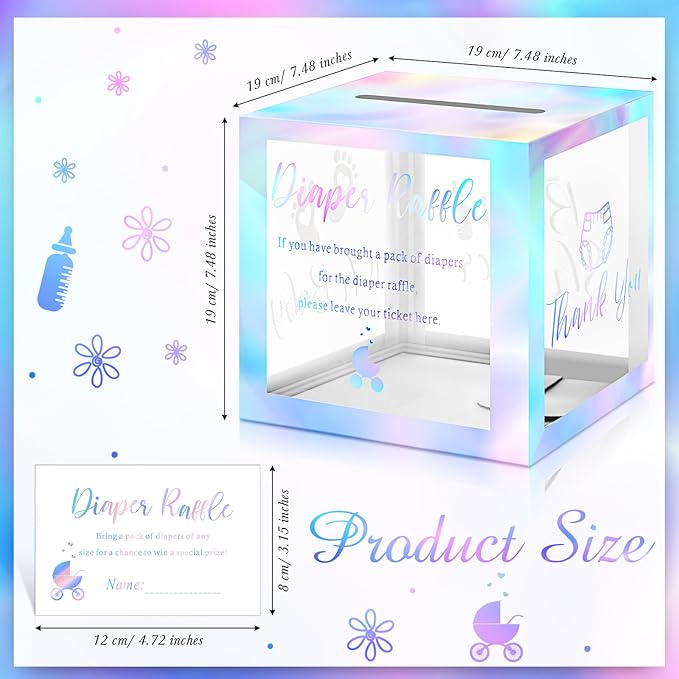 Funrous 51 Diaper Raffle Tickets with Box for Baby Shower Game Invitations Diaper Raffle Card for Gender Reveal Baby Shower Party Decoration Table Centerpiece(Clear Laser Silver)