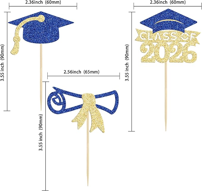 Gyufise 24Pcs 2026 Graduation Cupcake Toppers Glitter Class of 2026 Cupcake Picks Diploma Graduation Cap Cake Decorations for Theme Party Supplies Gold Blue
