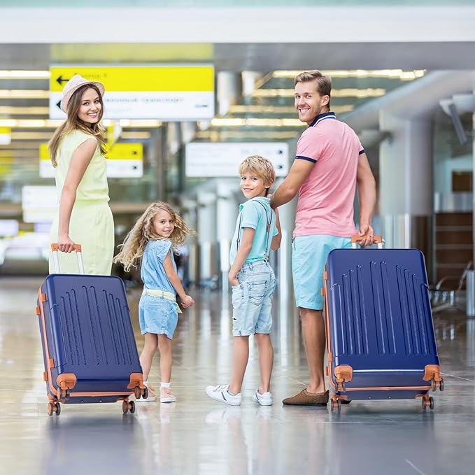 Karl home 24in Checked Luggage with TSA Lock, ABS Hardshell Check-in Suitcase with Spinner Wheels, Durable Medium Suitcase Rolling Luggage for Business Travel, Navy Blue & Brown