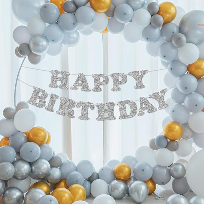 Glitter Silver Happy Birthday Banner Birthday Party Decorations Sign Garland Bunting Banner for Wall Decor Party Background for Kids Boys Girls Adults